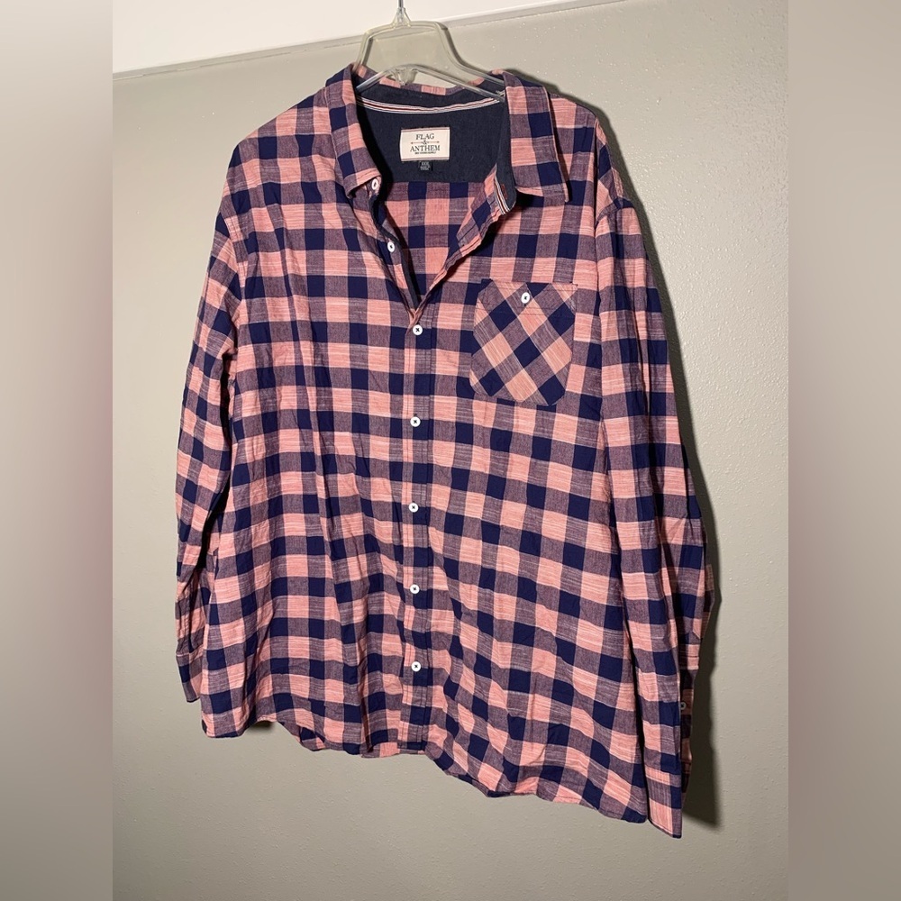Flag & Anthem by Dry Goods Supply, dress shirt - Pink/peach & blue plaid.